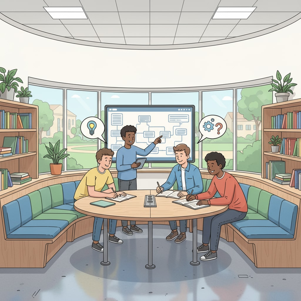 Students collaborating in a modern educational space designed considering teenager interests and architectural design