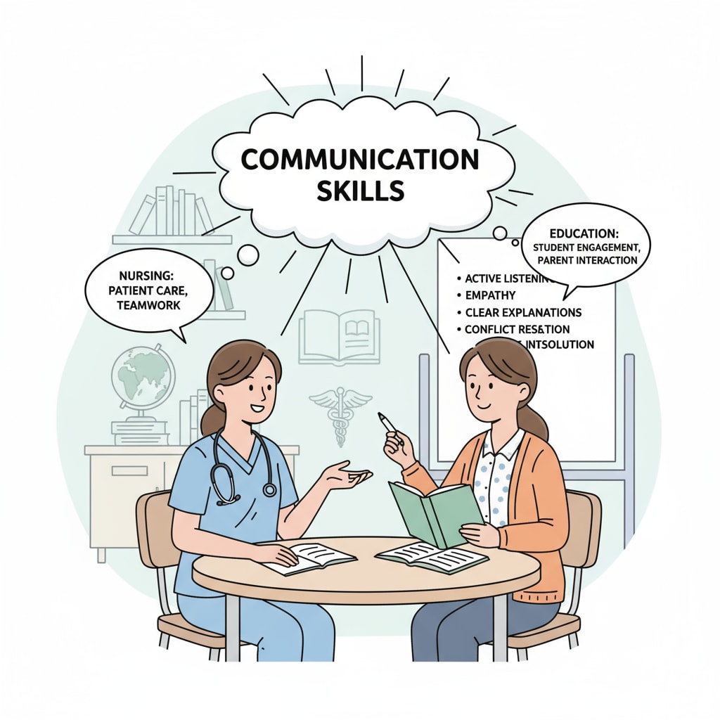 Nurses and teachers discussing communication skills relevant to nursing degrees, career transitions, and master's options