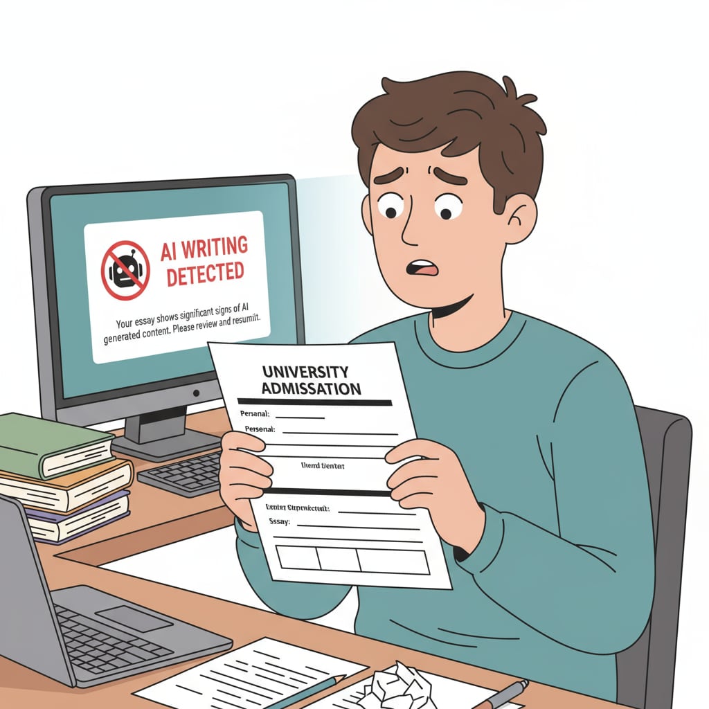 A worried student with a college application form and an AI detection warning on the computer screen during the college application process.