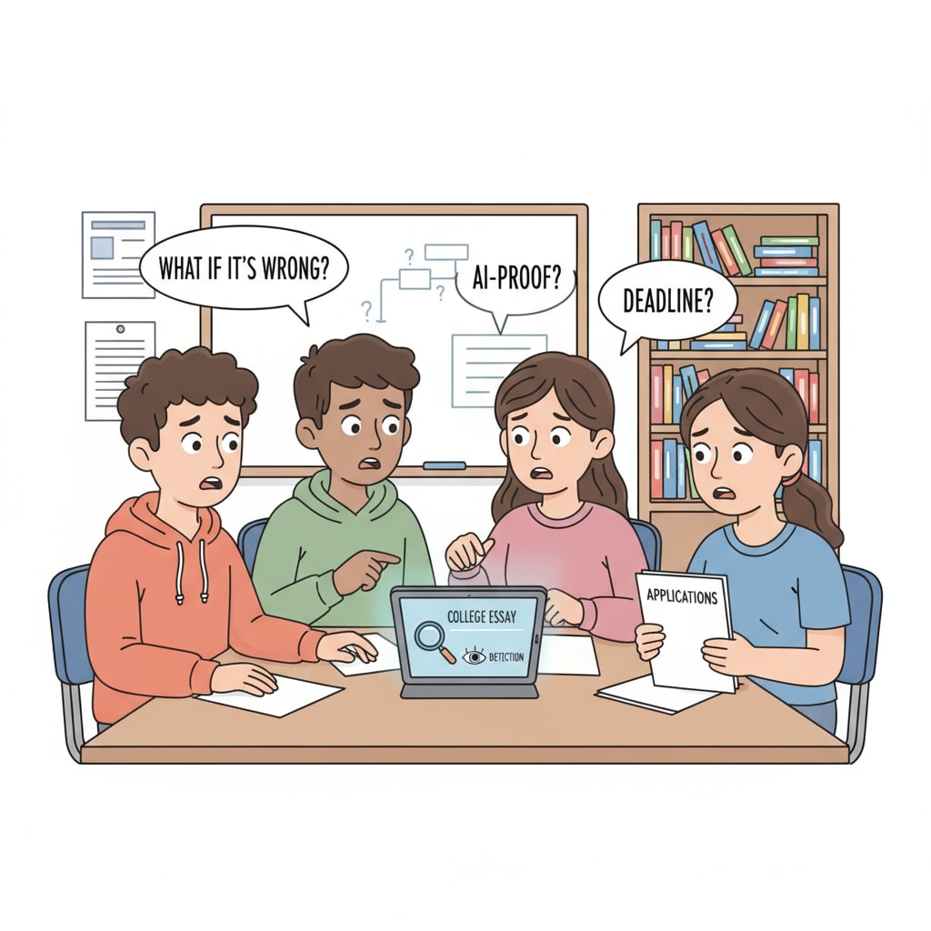 K12 students in a classroom discussing college applications and AI detection with worried expressions.
