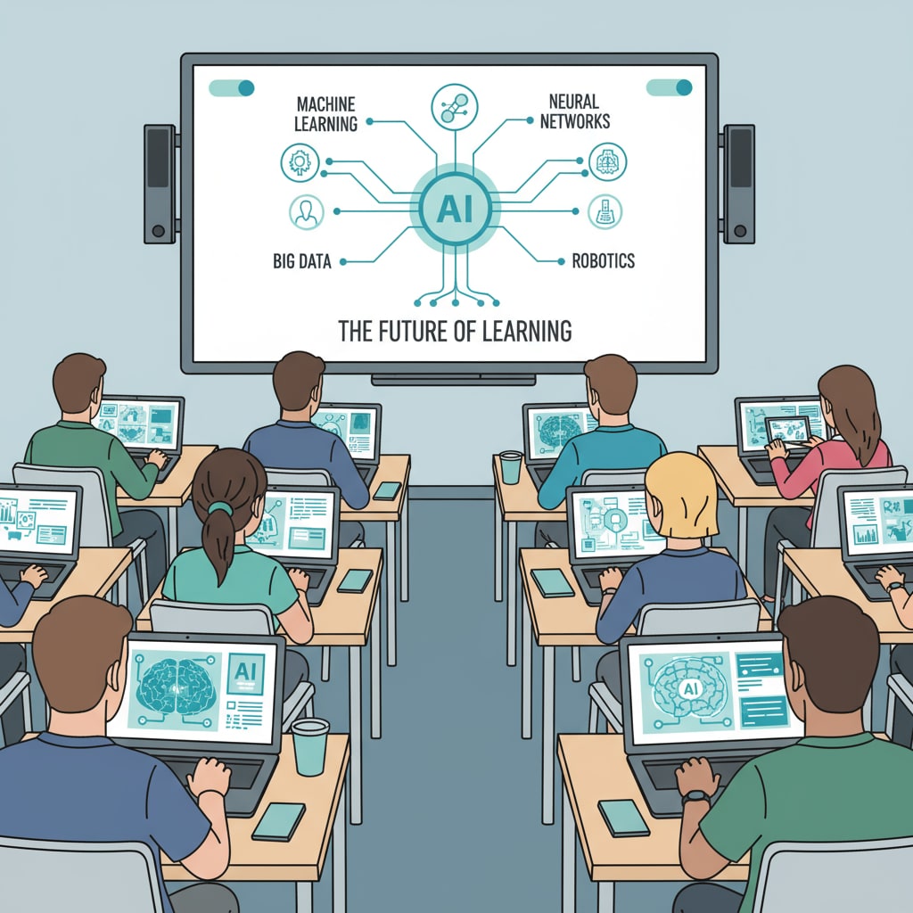 Artificial intelligence in a university classroom, showing students using AI - enabled devices for learning