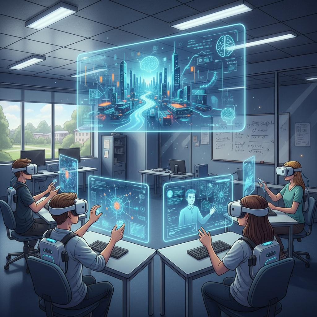 Students in a university lab using VR headsets for an AI - enhanced learning activity