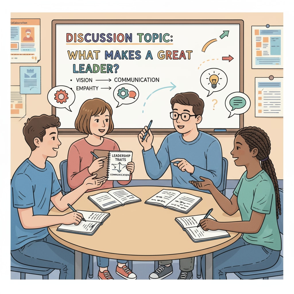 Students discussing leadership in a classroom related to General Motors, IQ research, and leadership