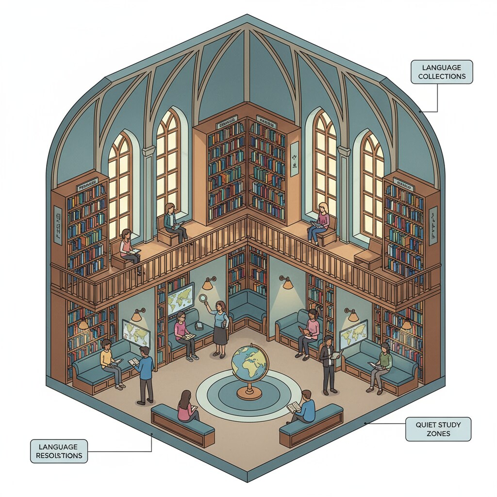 Library with multilingual books representing the knowledge accessible through language learning for K12 students to expand worldview
