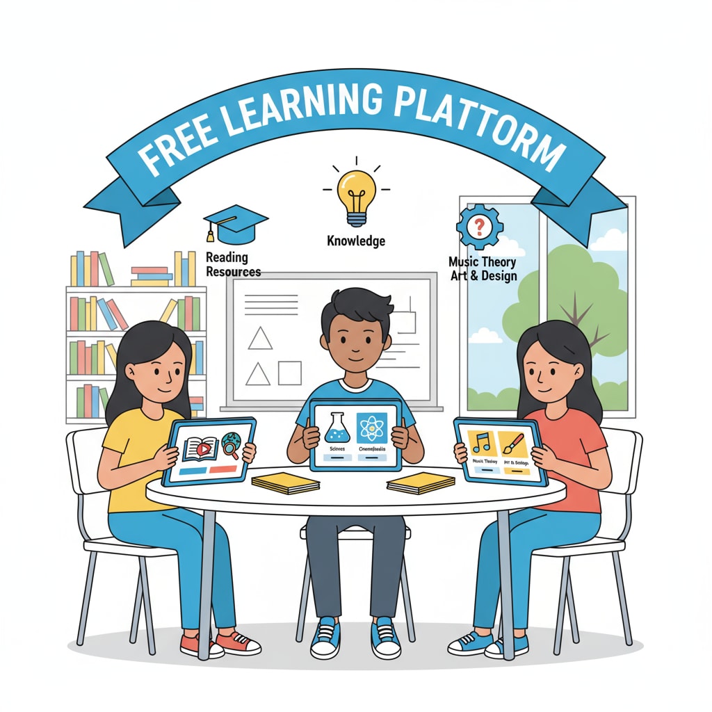 Students using a free learning platform with educational icons