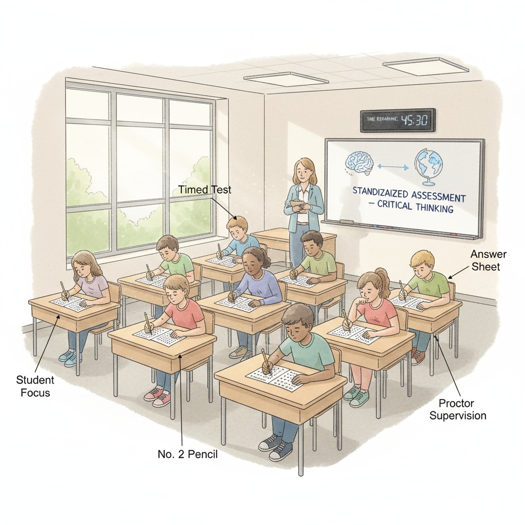 A classroom scene of students taking a standardized test related to memory and assessment