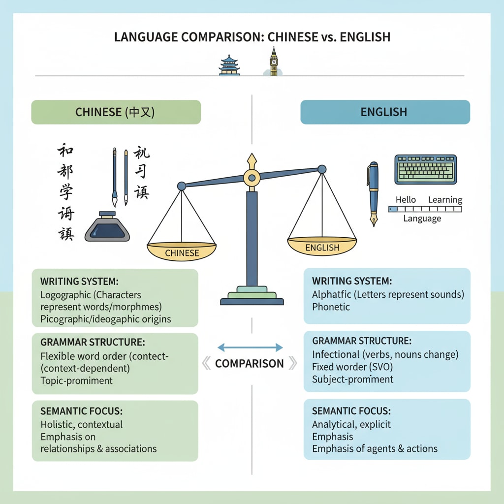 A visual comparison of Chinese and English language features related to language differences and cultural thinking