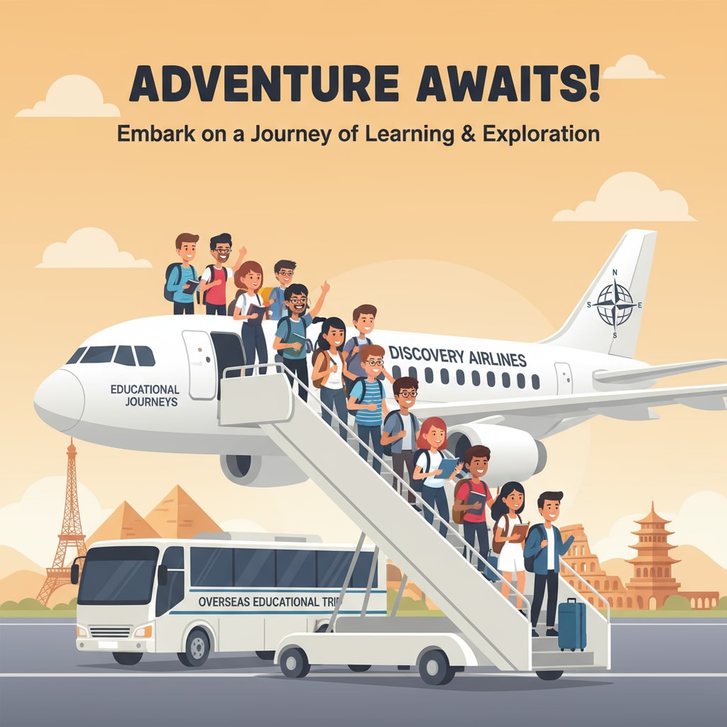 Students boarding a plane for overseas travel organized by a travel company on behalf of a school group