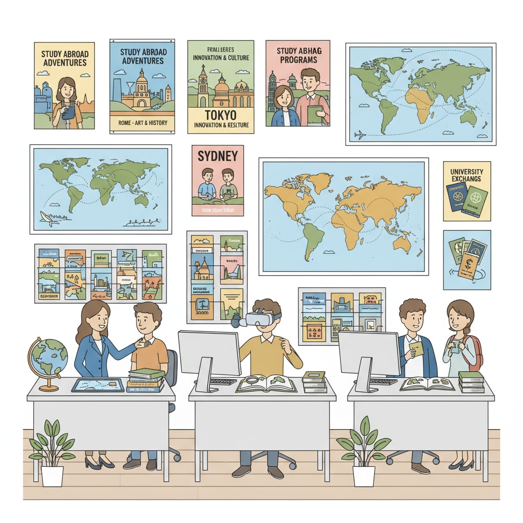 Interior of a travel company's office with resources related to overseas travel for school groups