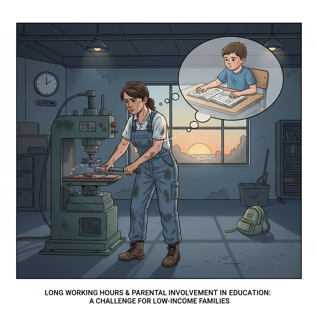 A low-income family parent is working diligently at a physically demanding job, with long hours that can impact their ability to be involved in their child's education. A low-income family parent engaged in long hours of work affecting family education and parental involvement