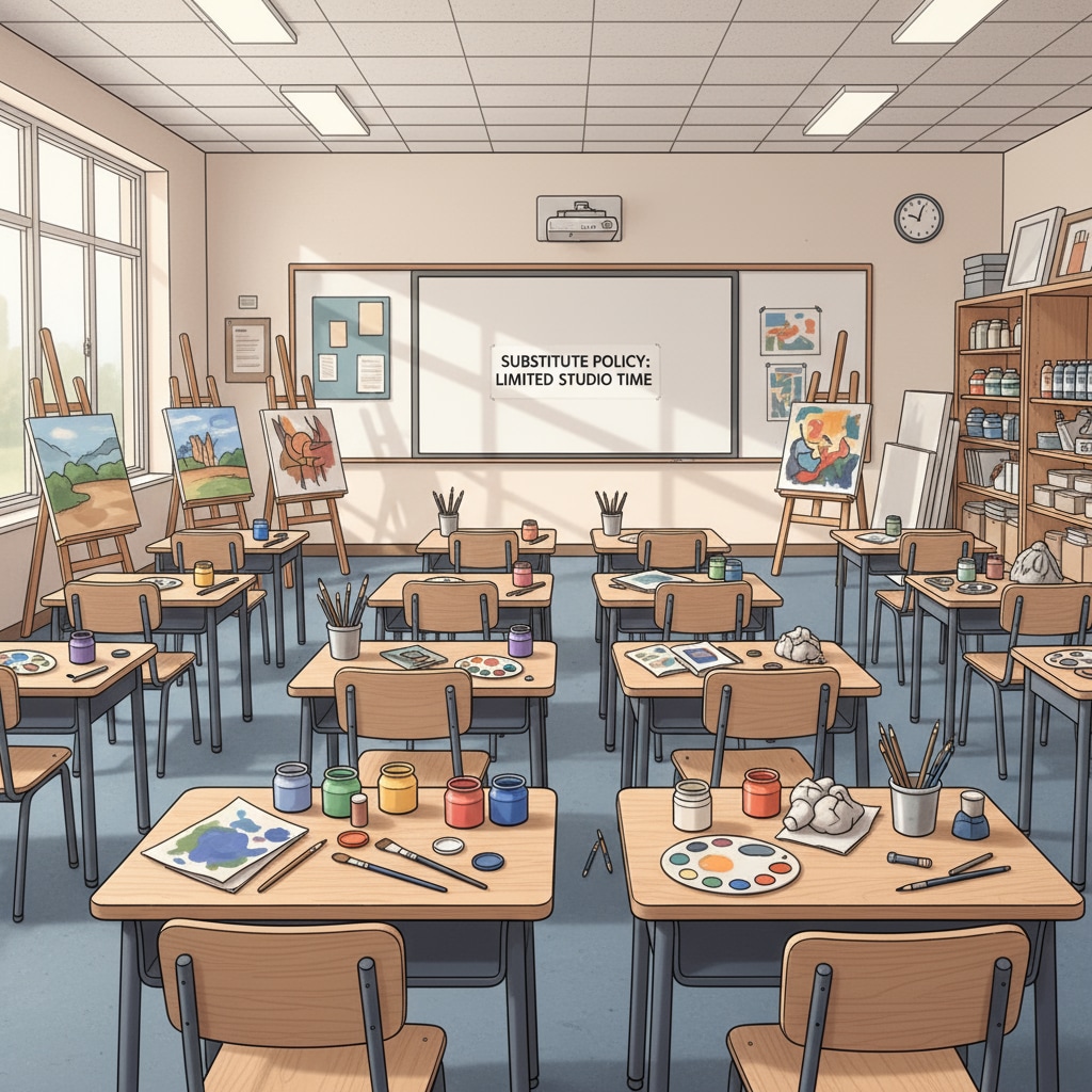 An art classroom with unused supplies and empty desks as a result of substitute arrangements for special subject teachers