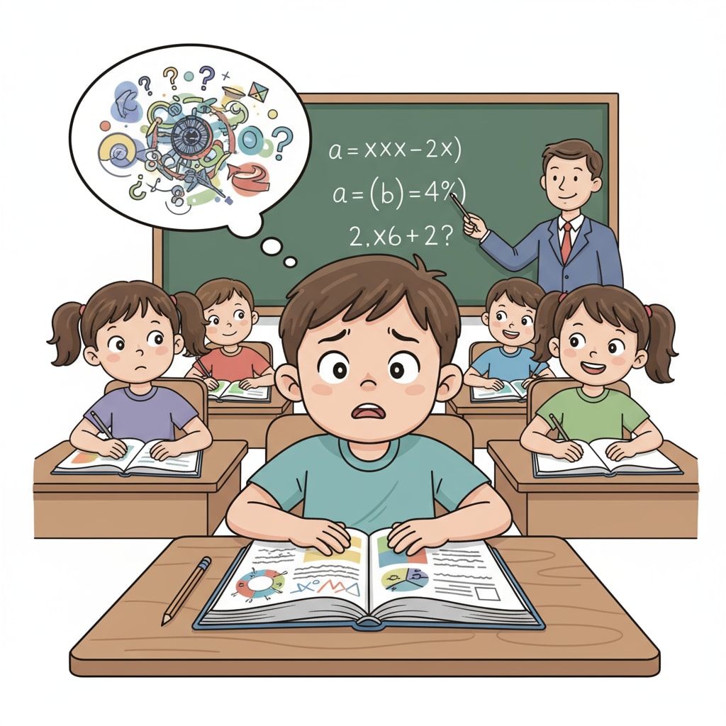 A special needs child looking confused in a traditional classroom