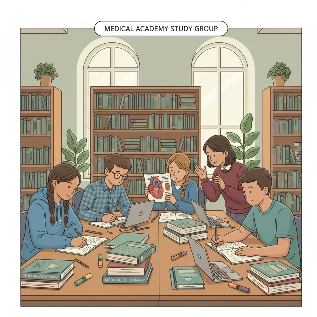 High school students studying for medical school applications in a library, dealing with learning stress and trying to fill knowledge gaps