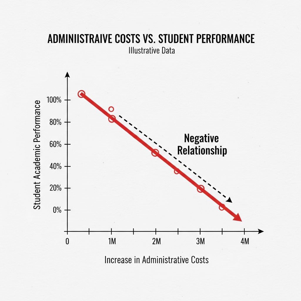 A graph showing the negative correlation between education management, salaries, and student performance.