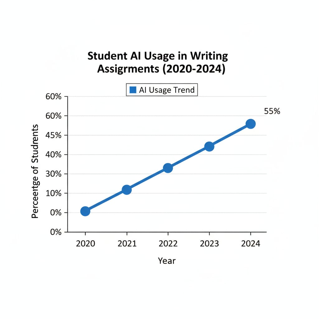 A graph showing the increasing use of AI in student writing over the years in relation to student writing, assignment authenticity, and educational objectives