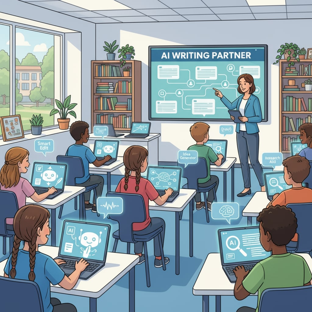 Students using AI tools in a classroom for writing education.