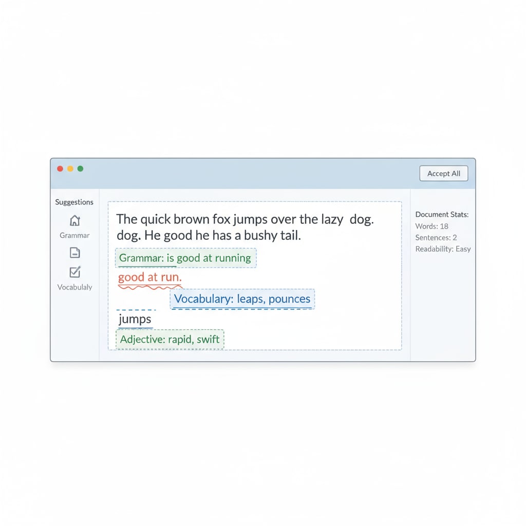 An AI writing assistant interface for grammar and vocabulary help in writing.