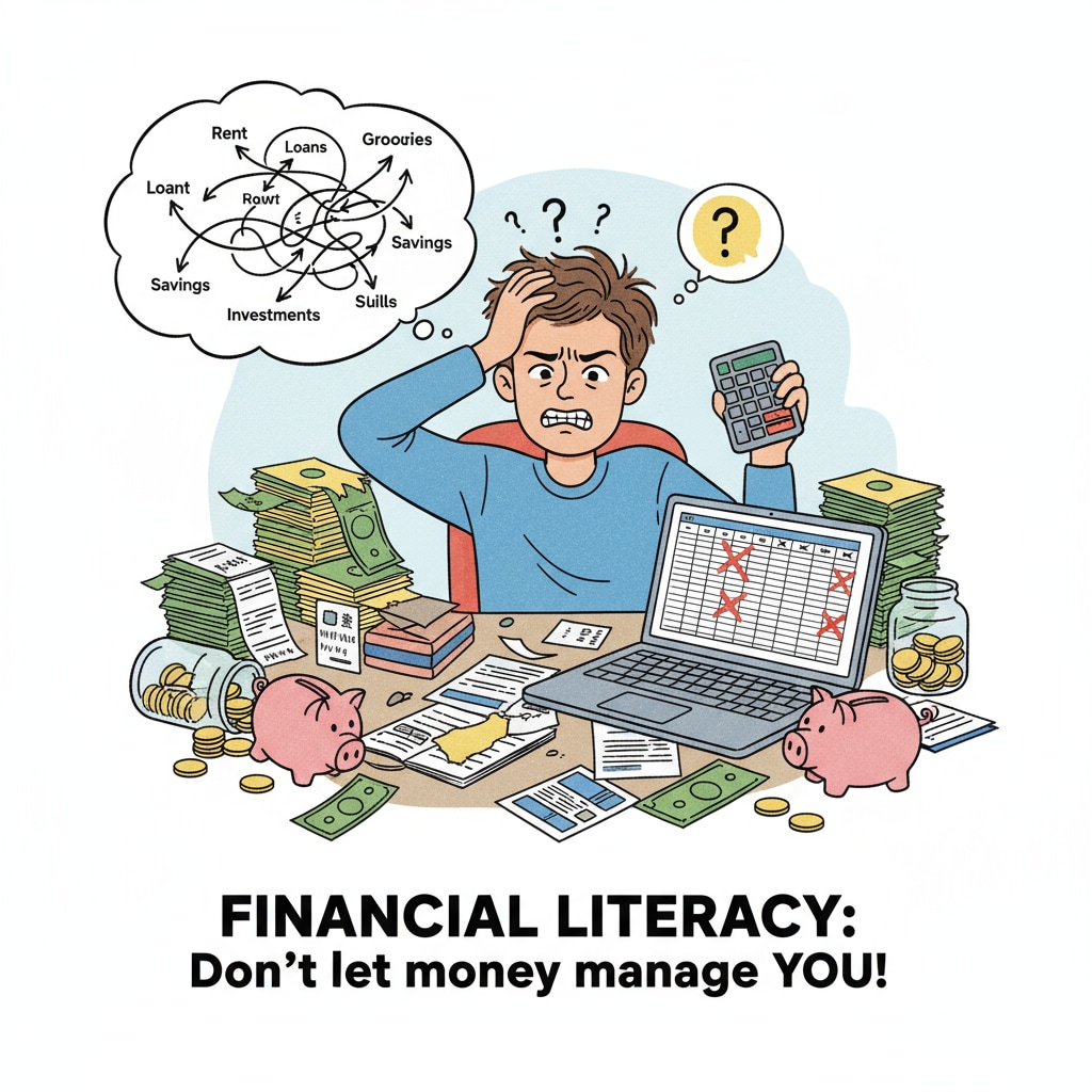 Young adult struggling with financial tasks, indicating the importance of practical skills