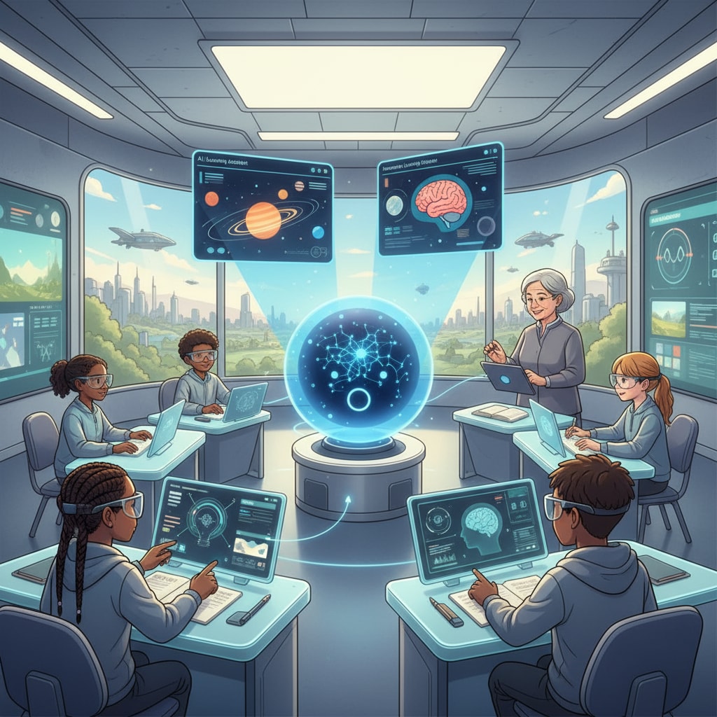 Artificial intelligence education in a classroom setting, challenging traditional teacher roles and driving educational innovation.