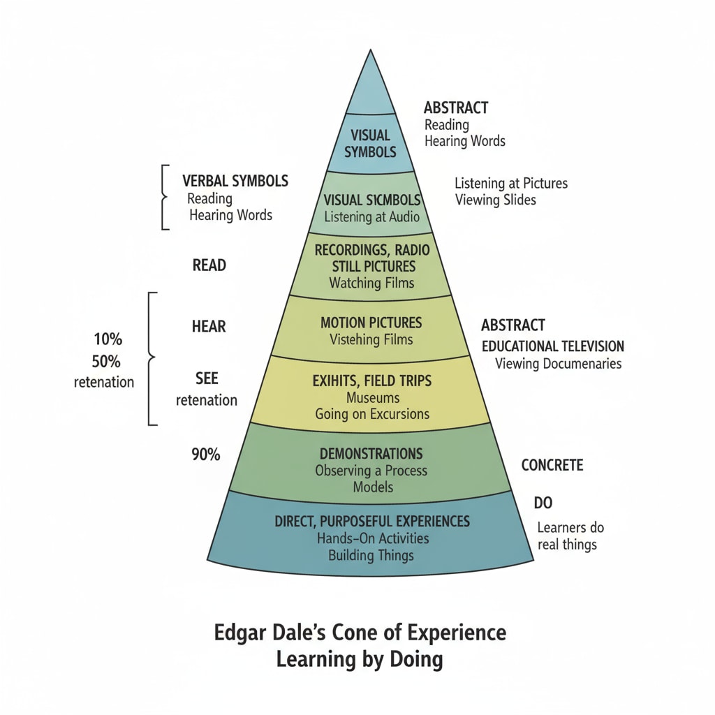 Edgar Dale's Cone of Experience related to learning theories, multisensory learning