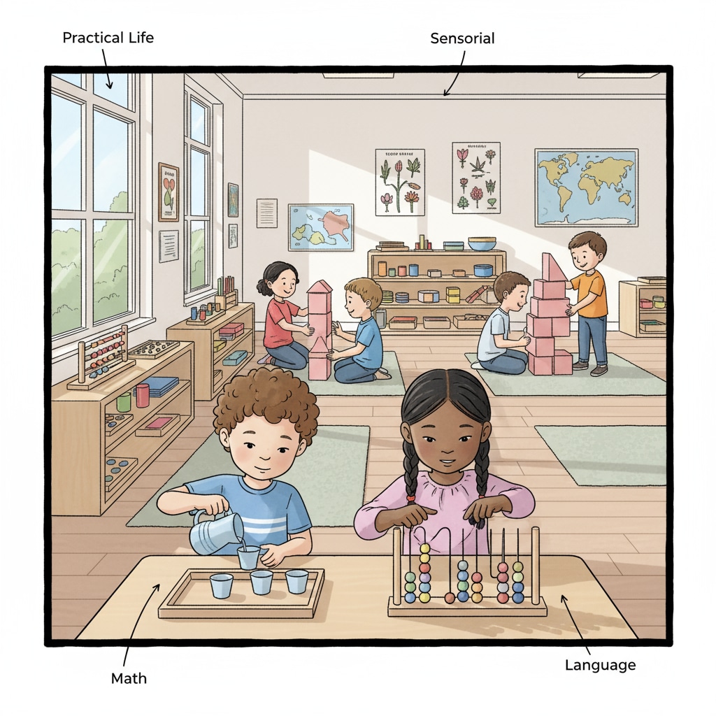 Gifted and 2e children engaged in Montessori learning activities, showing the environment before the school transition.