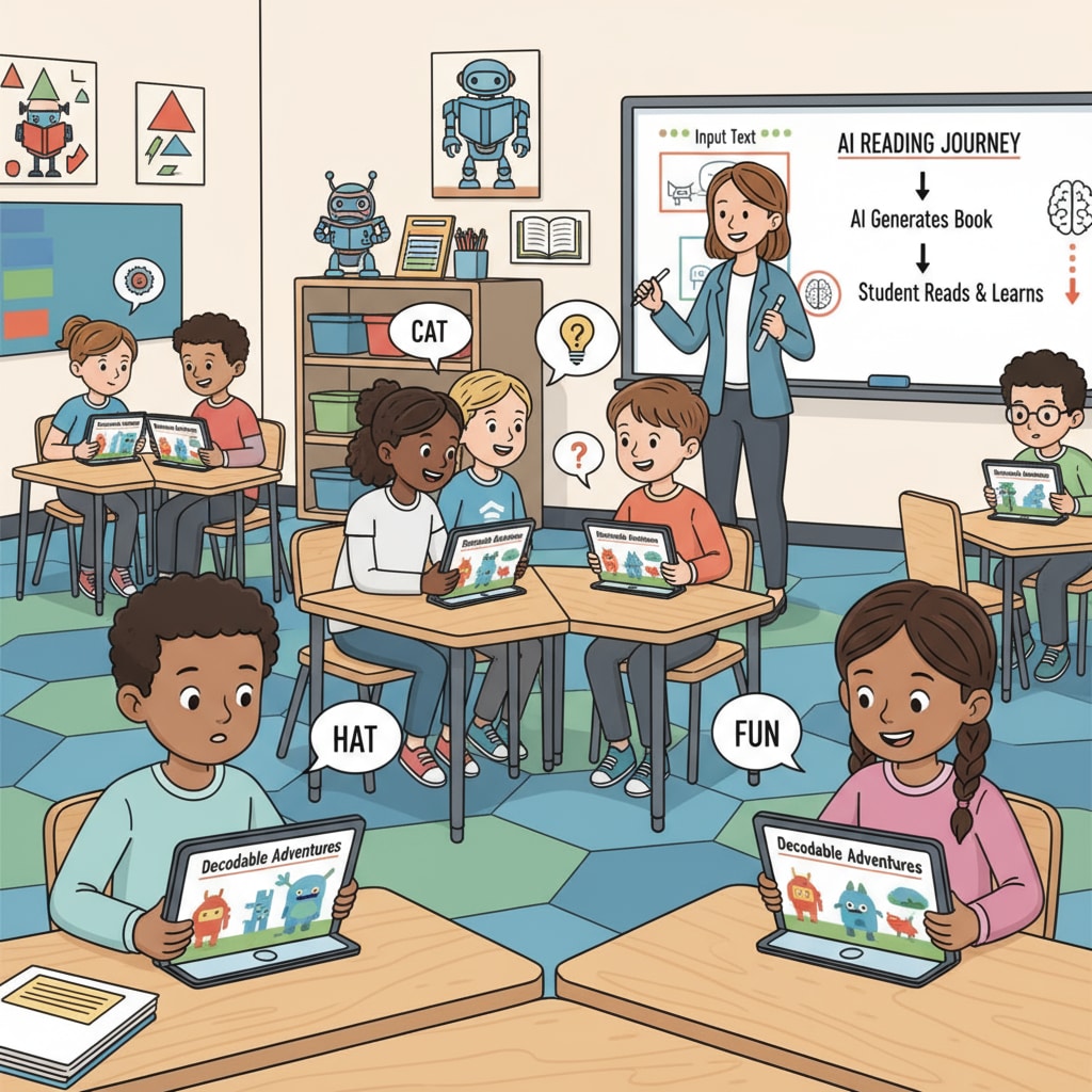 Classroom scene with students using AI-generated decodable reading materials for educational purposes