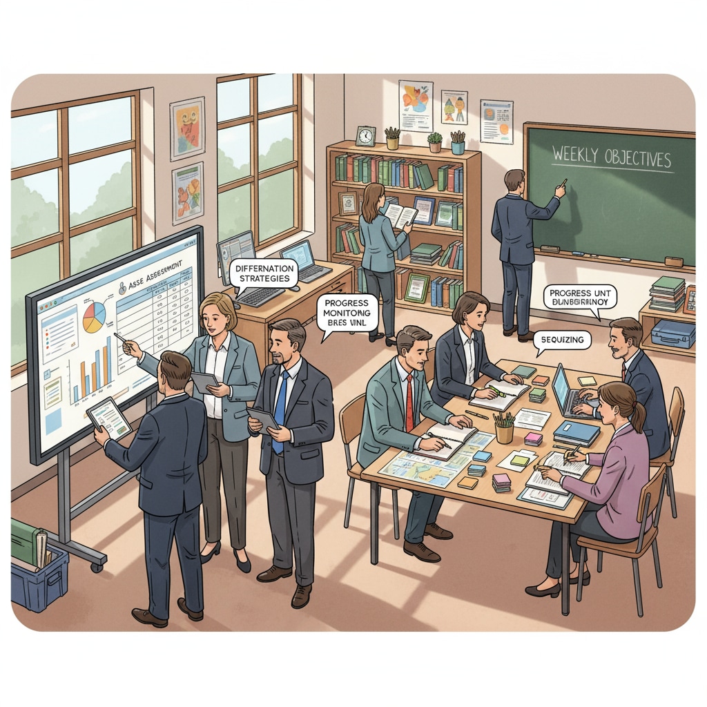 K12 classroom scene with data documentation and teaching planning activities