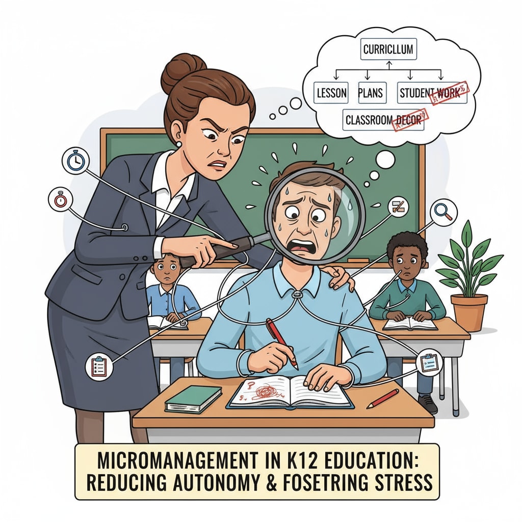 K12 education micromanagement scene with an administrator observing