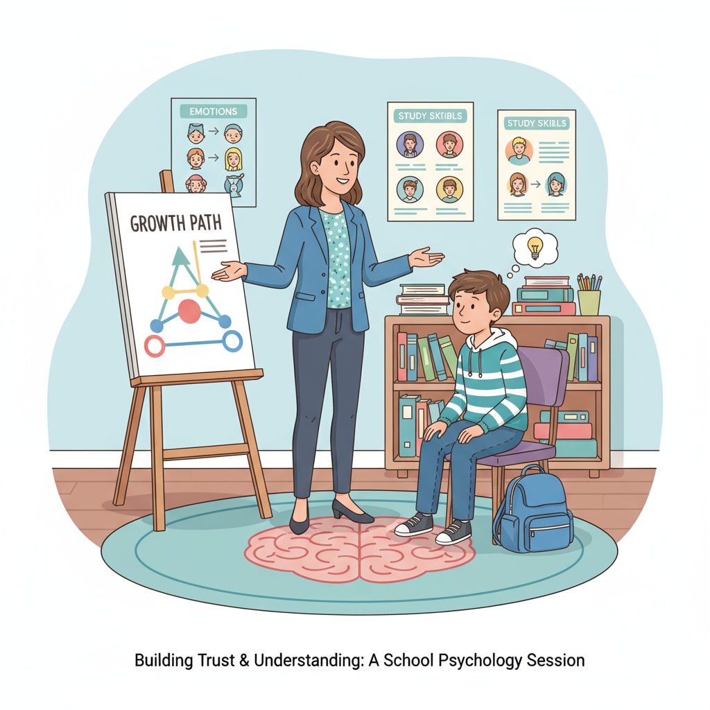 School psychologist interacting with a student in educational setting