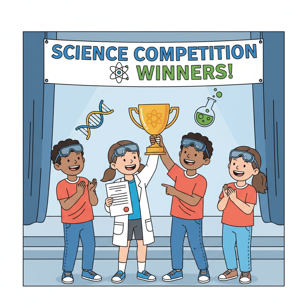 Students celebrating after winning a STEM-related science competition as part of their extracurricular achievements.