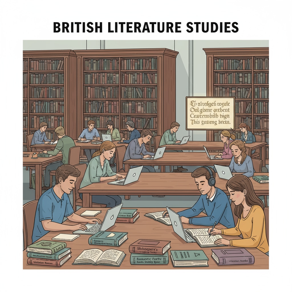 Students studying British literature books in a library to manage academic stress in their master's degree program