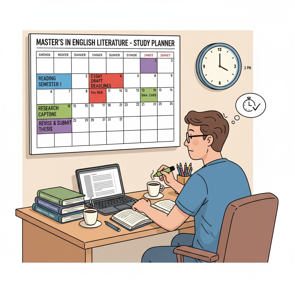 A student using a calendar to plan study time for better stress management in their English literature master's program