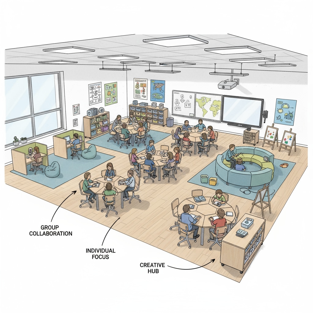 A modern classroom layout meeting the needs of digital native teenagers in K-12 education.