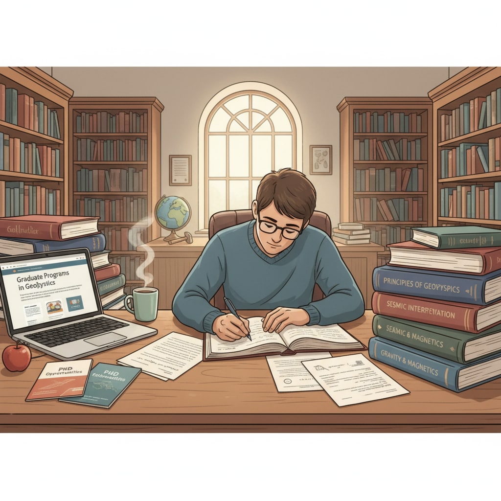 A geophysics student studying in a library to improve skills and deal with employment difficulties and second master's degree choices