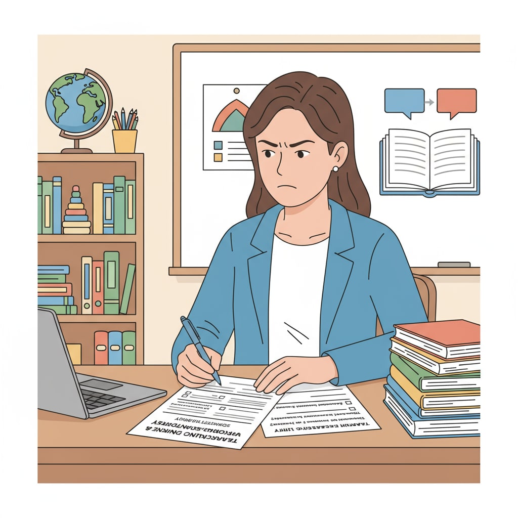 A teacher engaged in a questionnaire regarding teaching resources as part of teacher research.