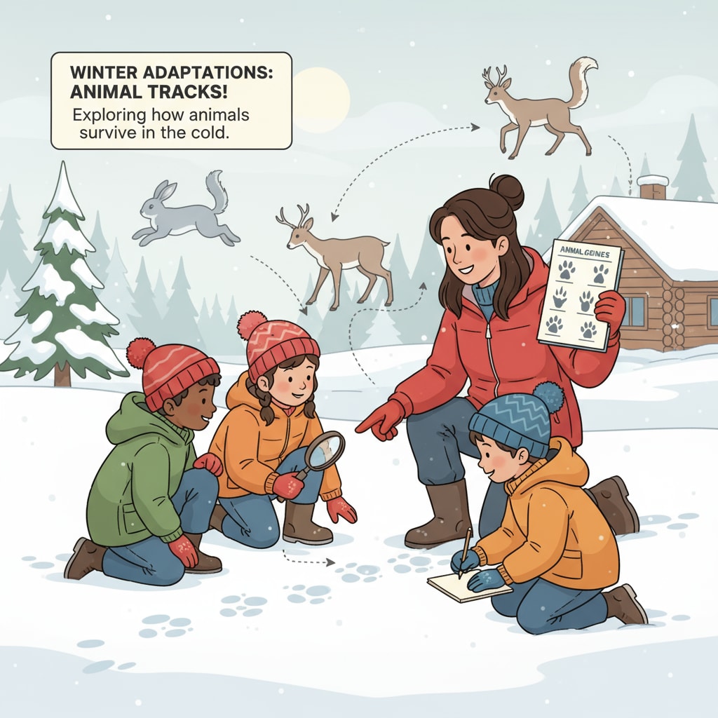 A group of kids looking at animal tracks during a winter day camp related to animal adaptation