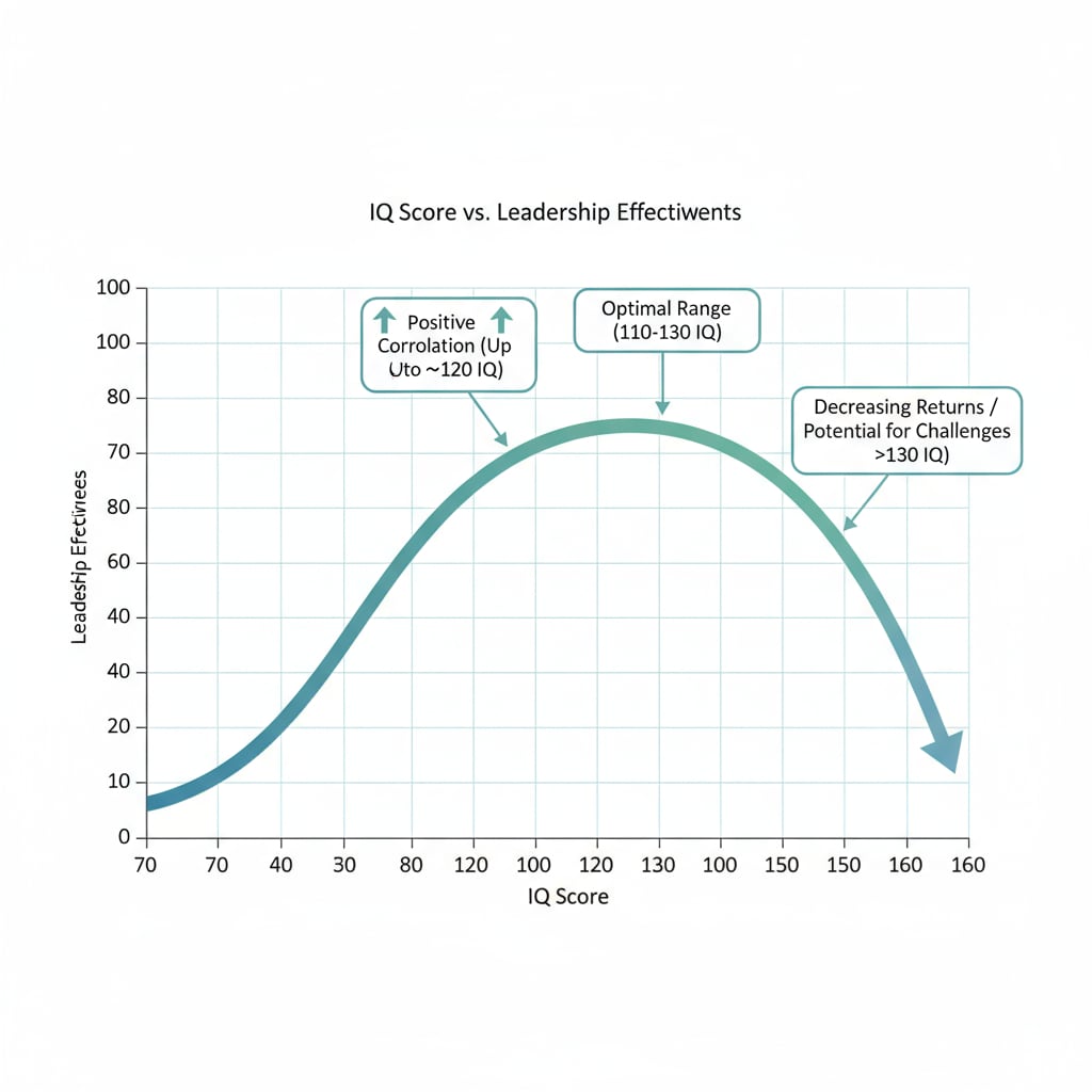 Graph depicting the relationship between IQ scores and leadership effectiveness, relevant to GM, IQ, leadership, and research papers