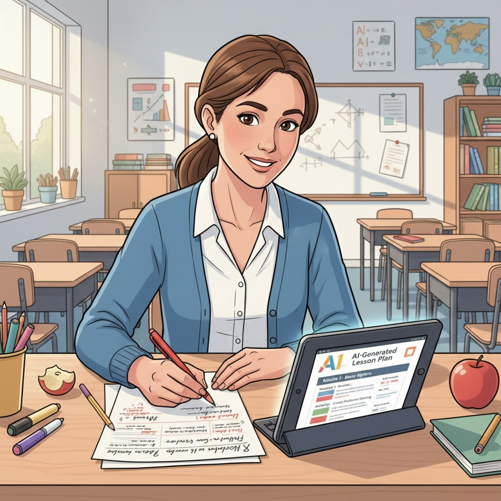 Teacher evaluating an AI-generated lesson plan for authenticity and to improve teaching planning for student teaching