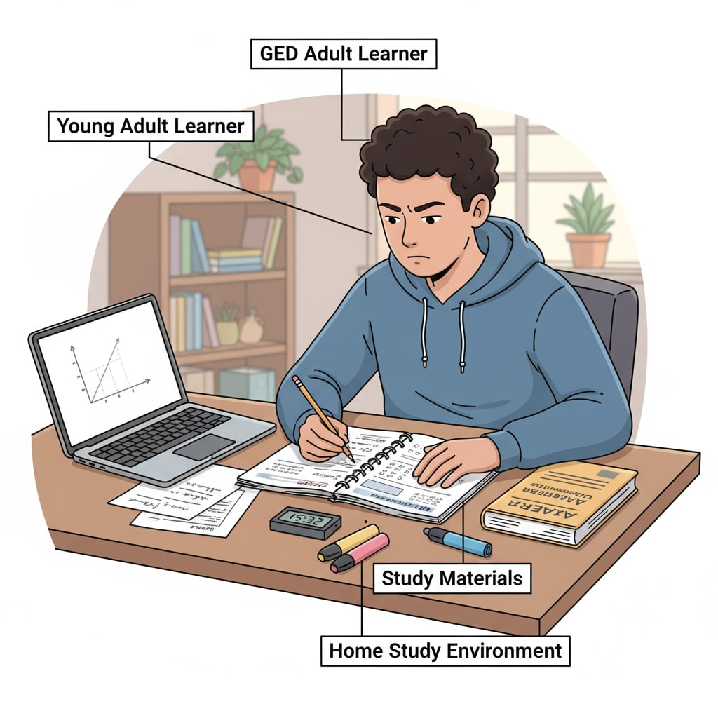 Student taking GED practice test at home as part of high school dropouts' educational path