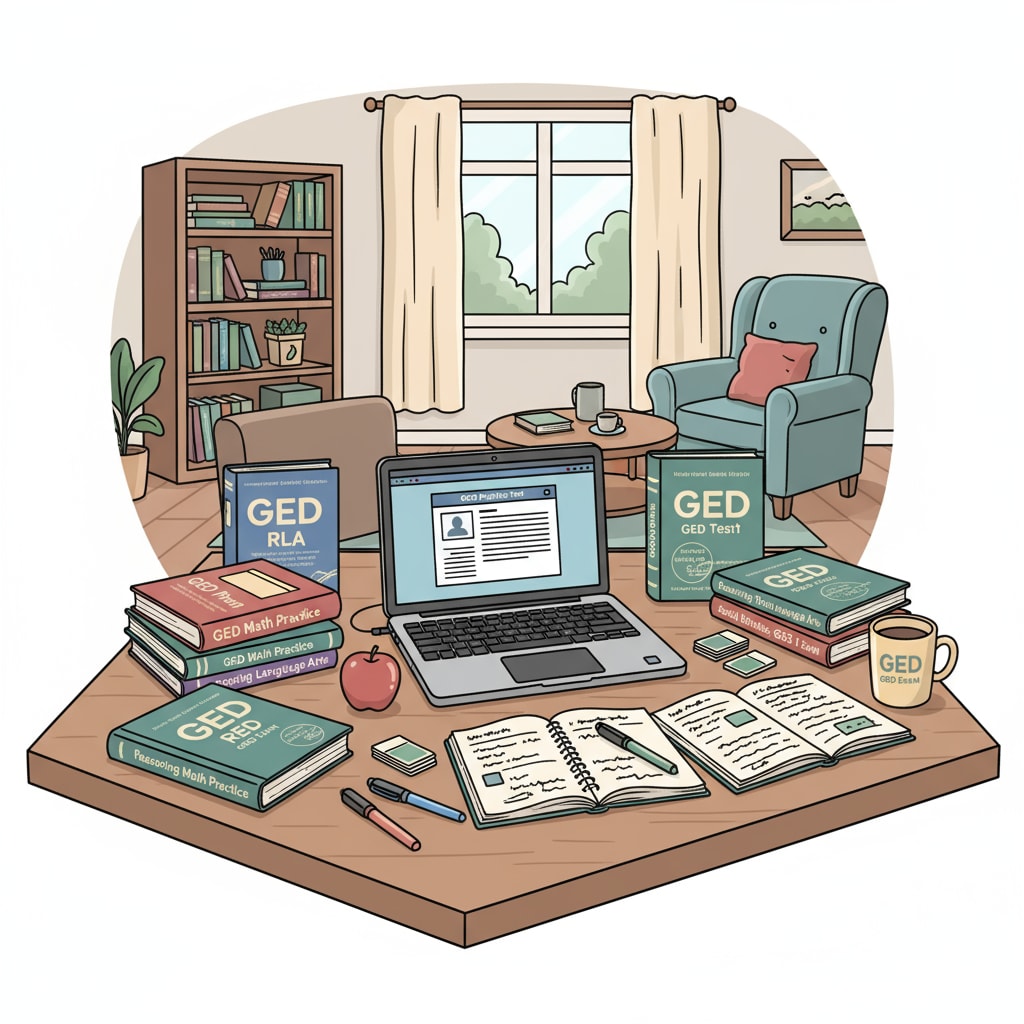 A student studying for the GED test at home