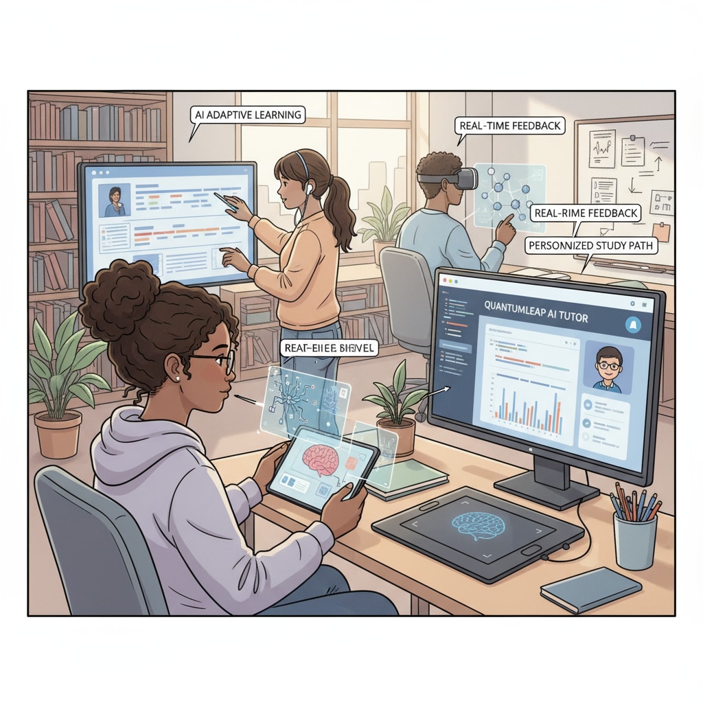 Students using AI learning tools for self-study in an educational application for personalized learning.