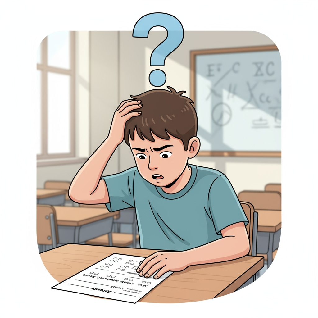 A student struggling with memory recall during a standardized test, emphasizing the test's inability to accurately measure memory and critical thinking.