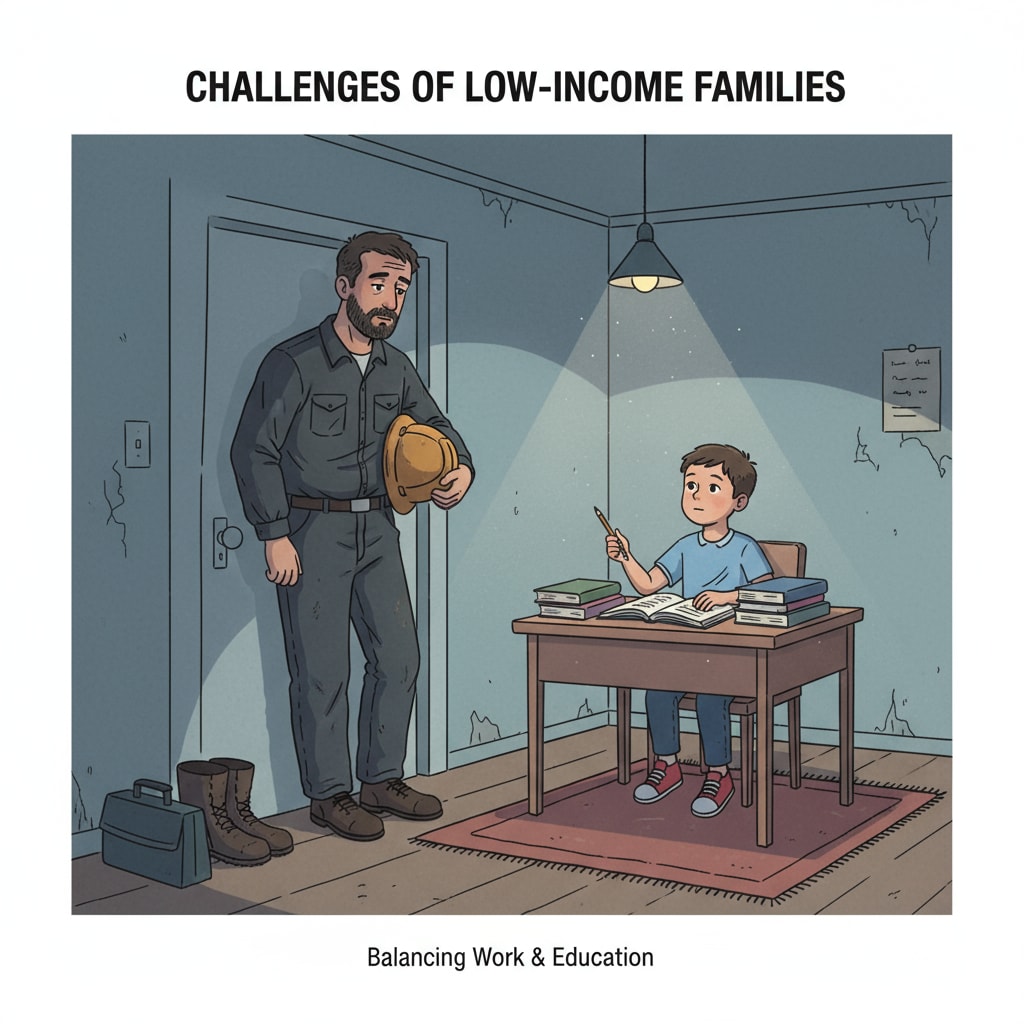 A tired low-income family father facing challenges in parental involvement in family education