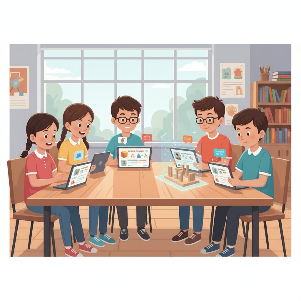 Students using AI - enabled educational apps, highlighting artificial intelligence, education, and machine learning.