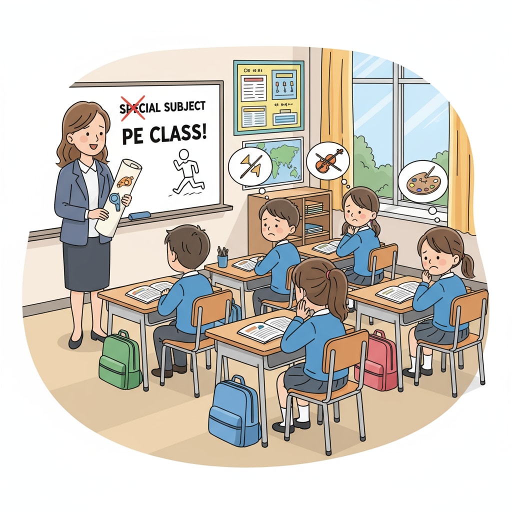 Students waiting for special subject class being informed it's a PE class due to teacher substitution, highlighting curriculum value imbalance.