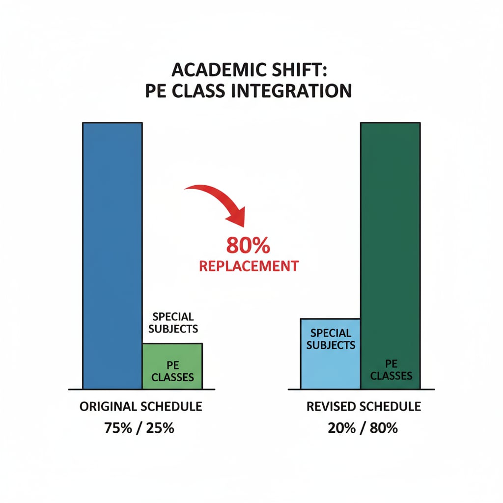 Graph depicting the prevalence of special subject classes being substituted with PE classes, related to teacher substitution and curriculum value.