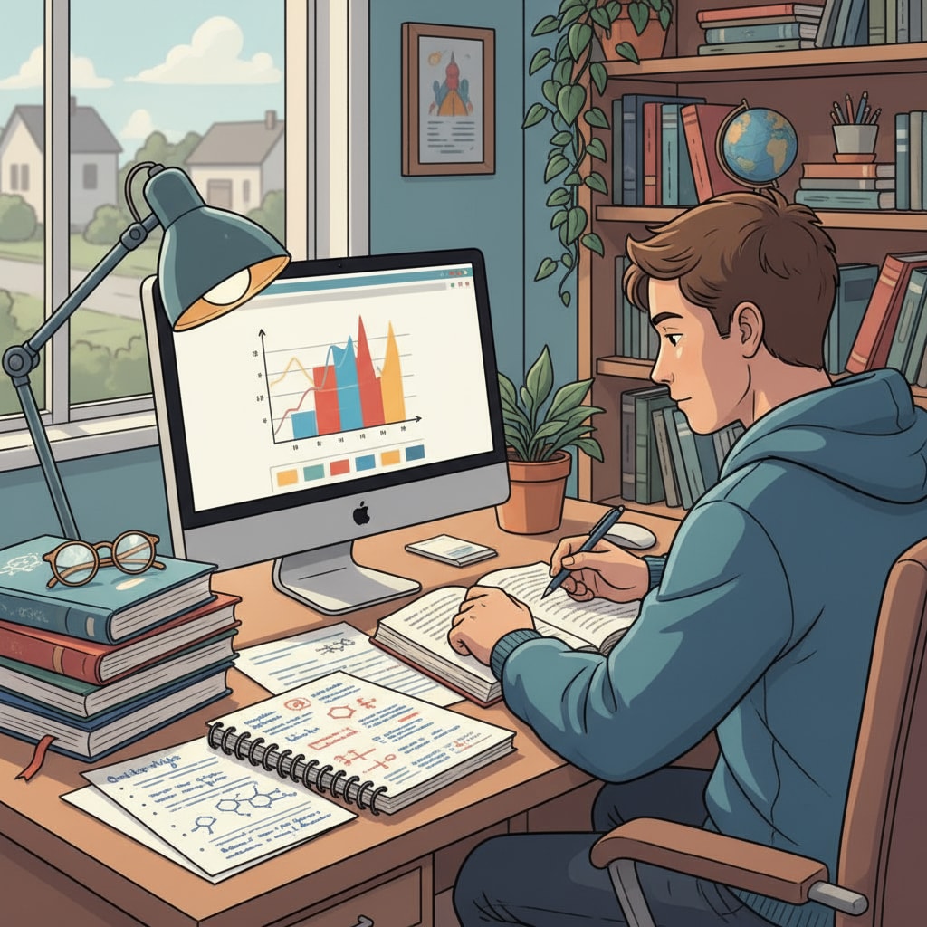 A student engaged in online study for education choices, cost comparisons, and career planning