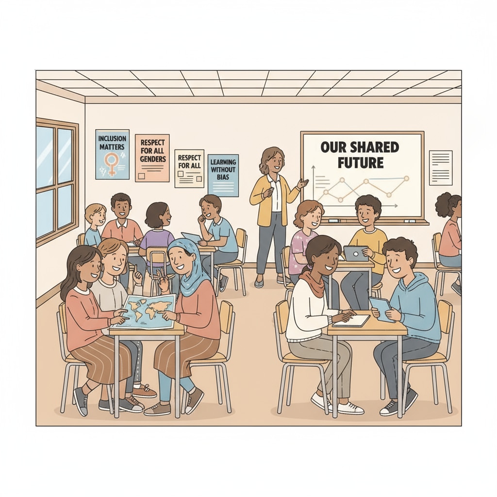 Classroom scene of students of different genders affected by gender policies in Fairfax County schools
