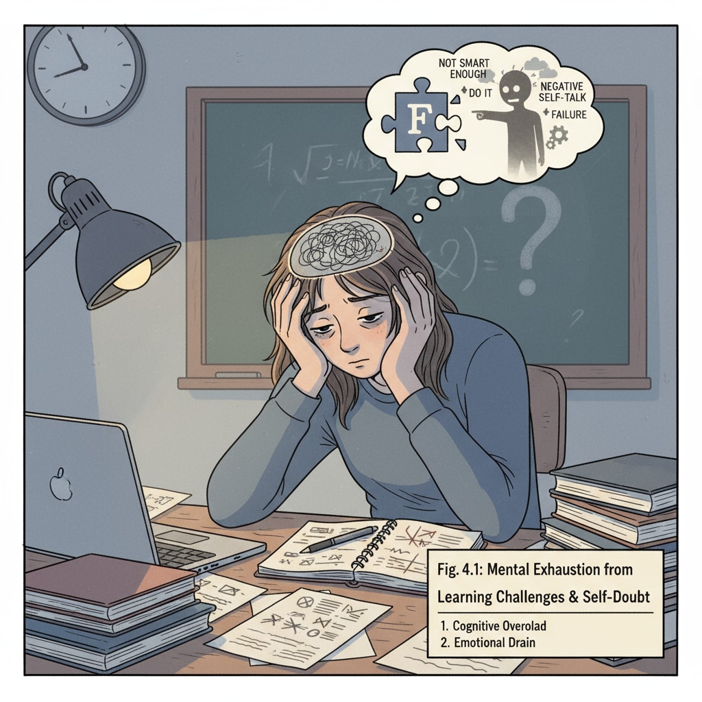 A student experiencing mental exhaustion due to learning difficulties and self-negation