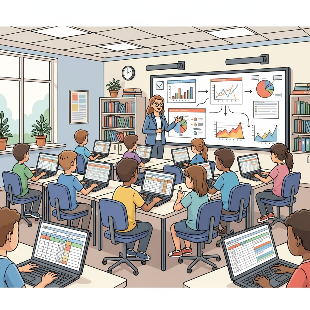 Students in a classroom using free learning resources for data analysis